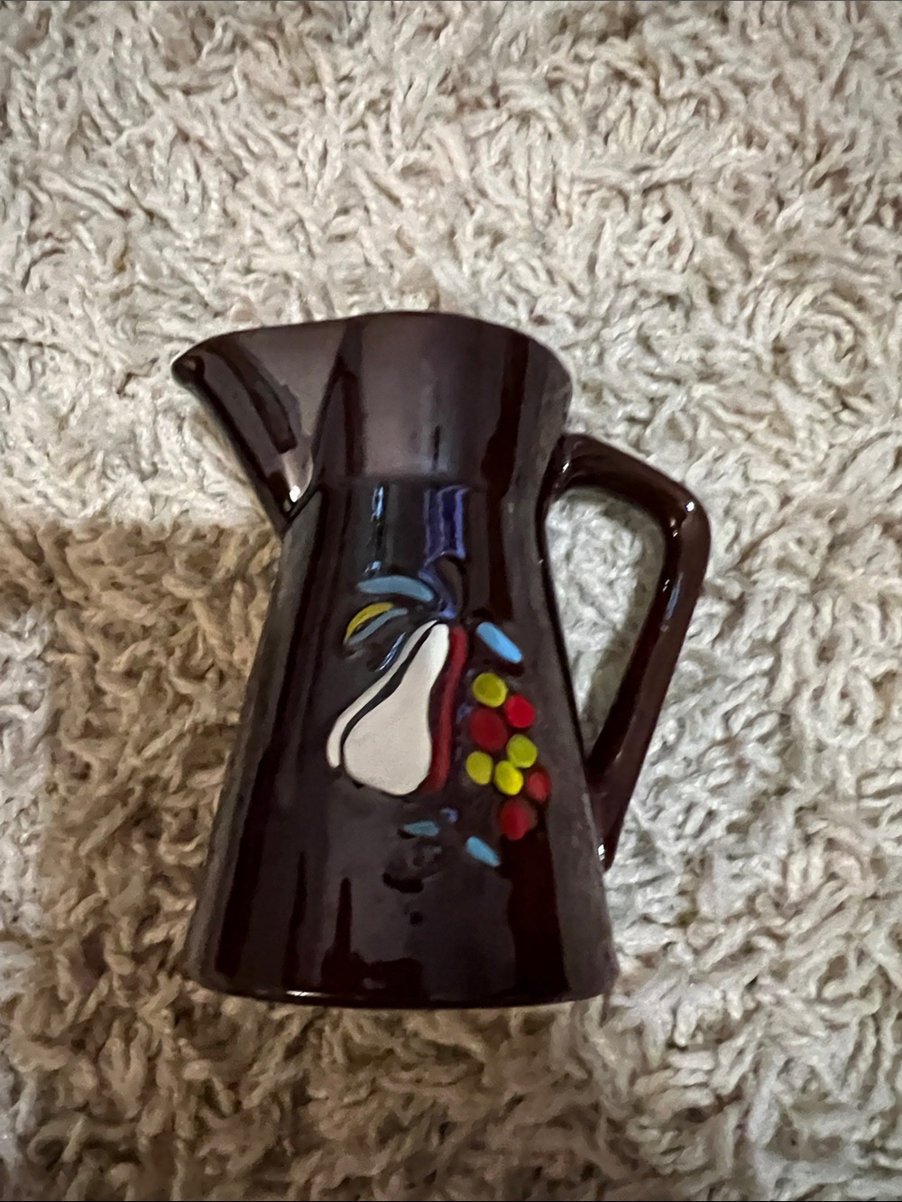 Dark Brown Ceramic Pitcher with Fruit Motif
